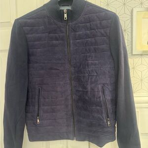 Milestone Men’s Navy Suede Quilted Zip Jacket Bomber Leather Trim